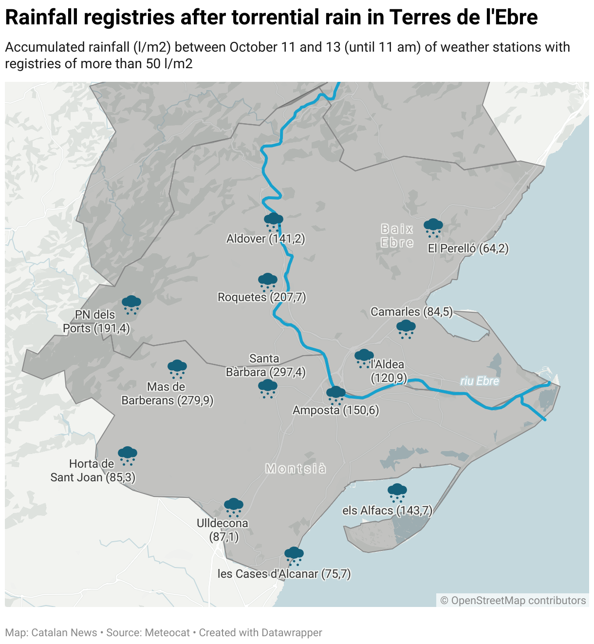Rainfall registries after torrential rain in Terres de l'Ebre (Locator map)