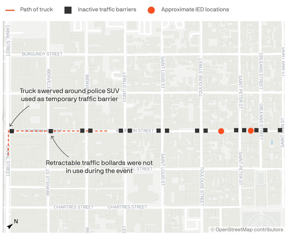 Locator map showing the path of the truck on the Jan. 1 terror attack in New Orleans. The truck by passed a police SUV and four inactive traffic barriers. Two IEDs were found further down Bourbon street near Toulouse and Saint Peter streets. 