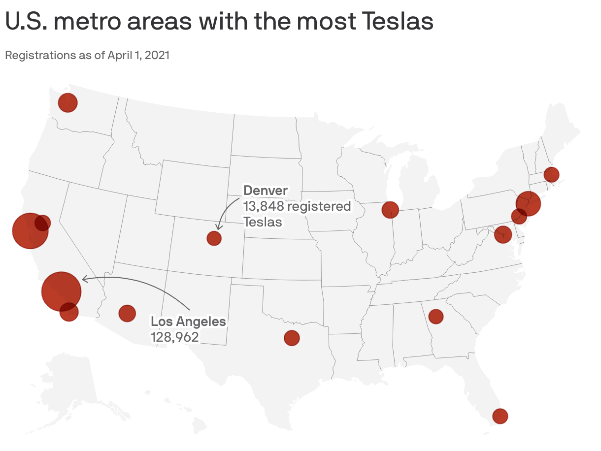 U.S. metro areas with the most Teslas