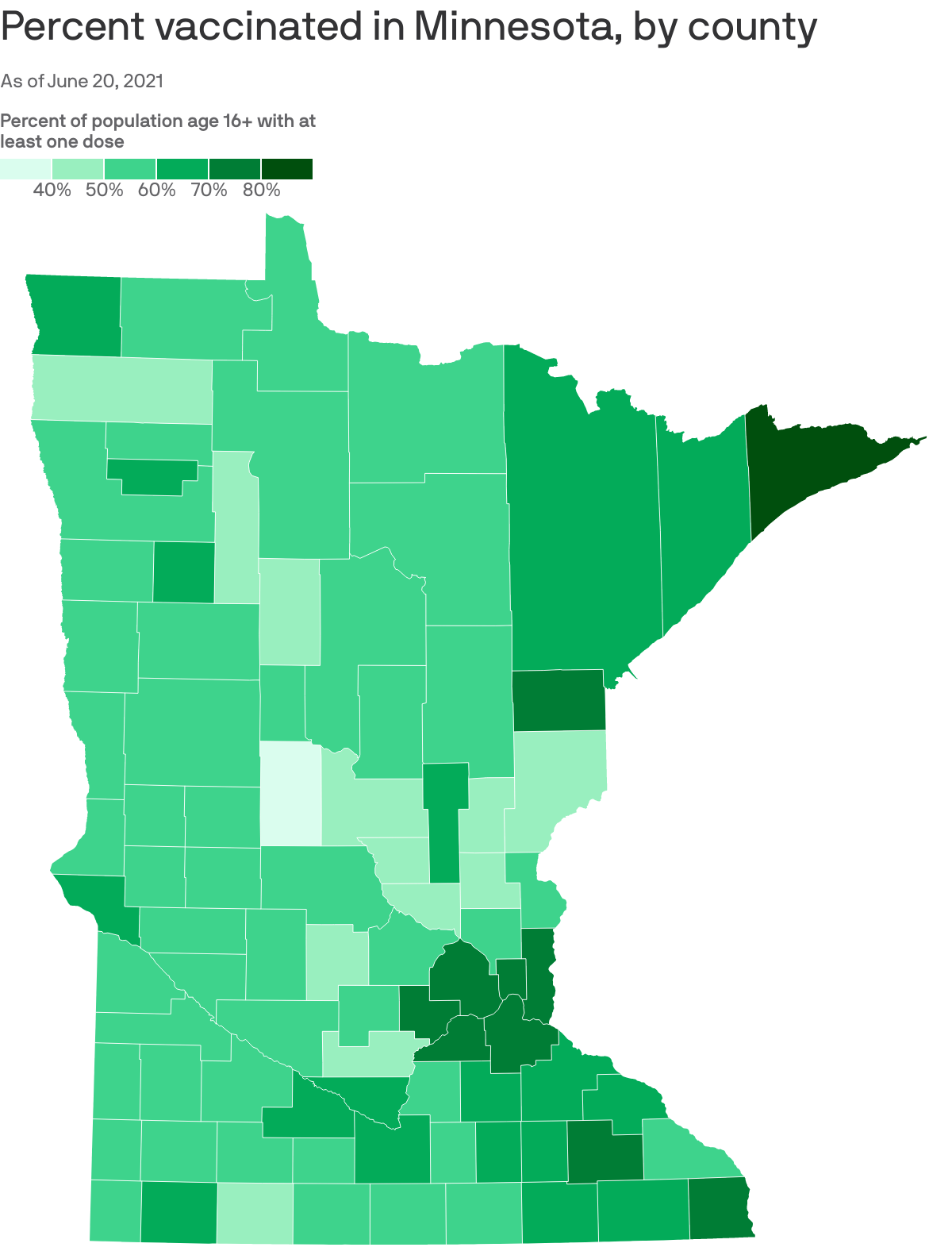 Percent vaccinated in Minnesota, by county