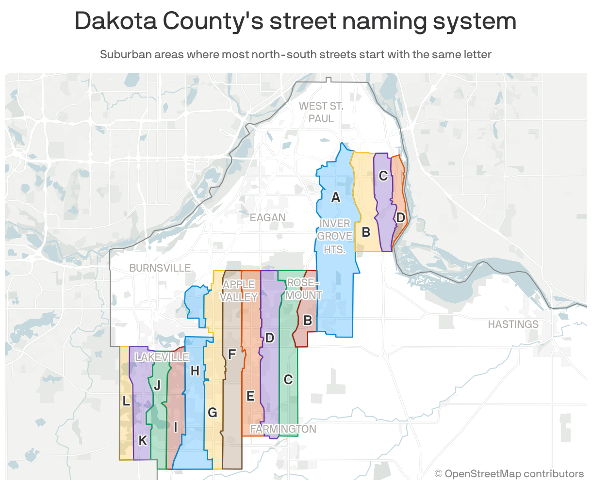A map of Dakota County, Minnesota, showing areas where most north-south streets start with the same letter. The grid system runs from Lakeville in a strip running diagonally to the northeast and ending at the county line (the Mississippi River) in Inver Grove Heights. The north-south strips of land start with L at the western county border, and working east, proceed reverse-alphabetically to a strip of "A" streets directly south of the state capitol (from Inver Grove Heights through Rosemount), before beginning to work alphabetically upward with B, C and D through Inver Grove Heights to the river.