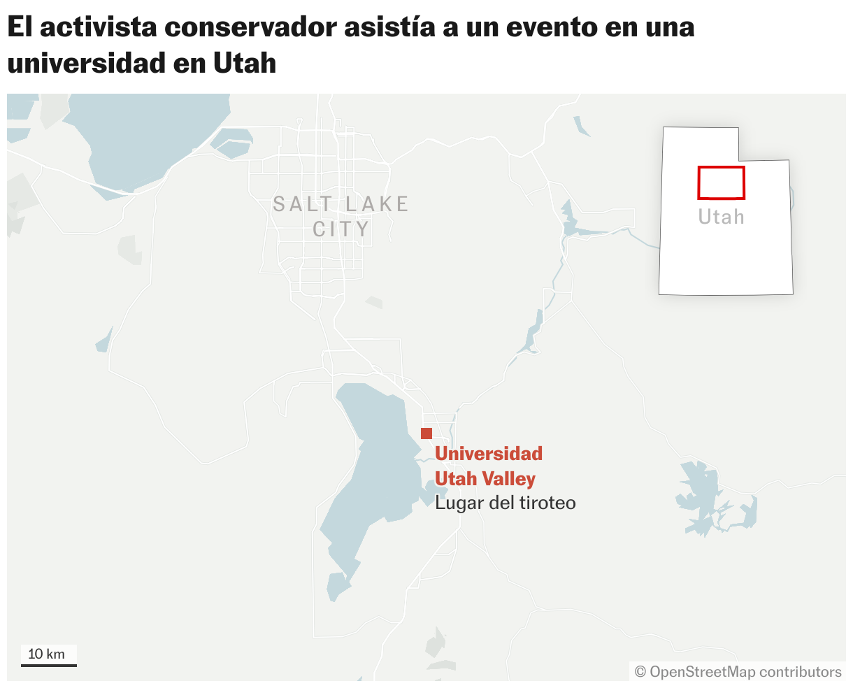 El activista conservador asistía a un evento en una universidad en Utah (Mapas de ubicación)