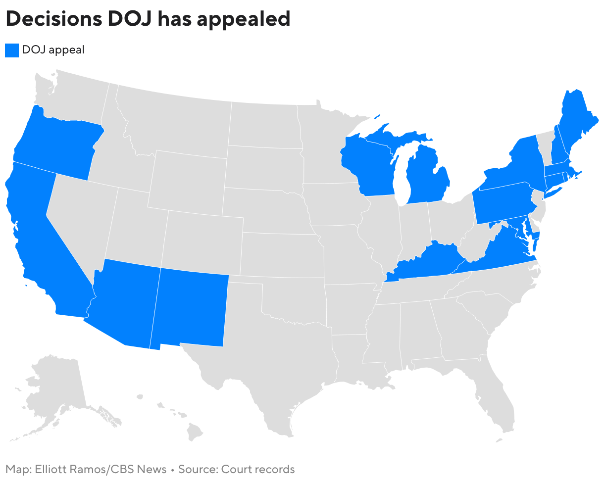 Decisions DOJ has appealed (Choropleth map)
