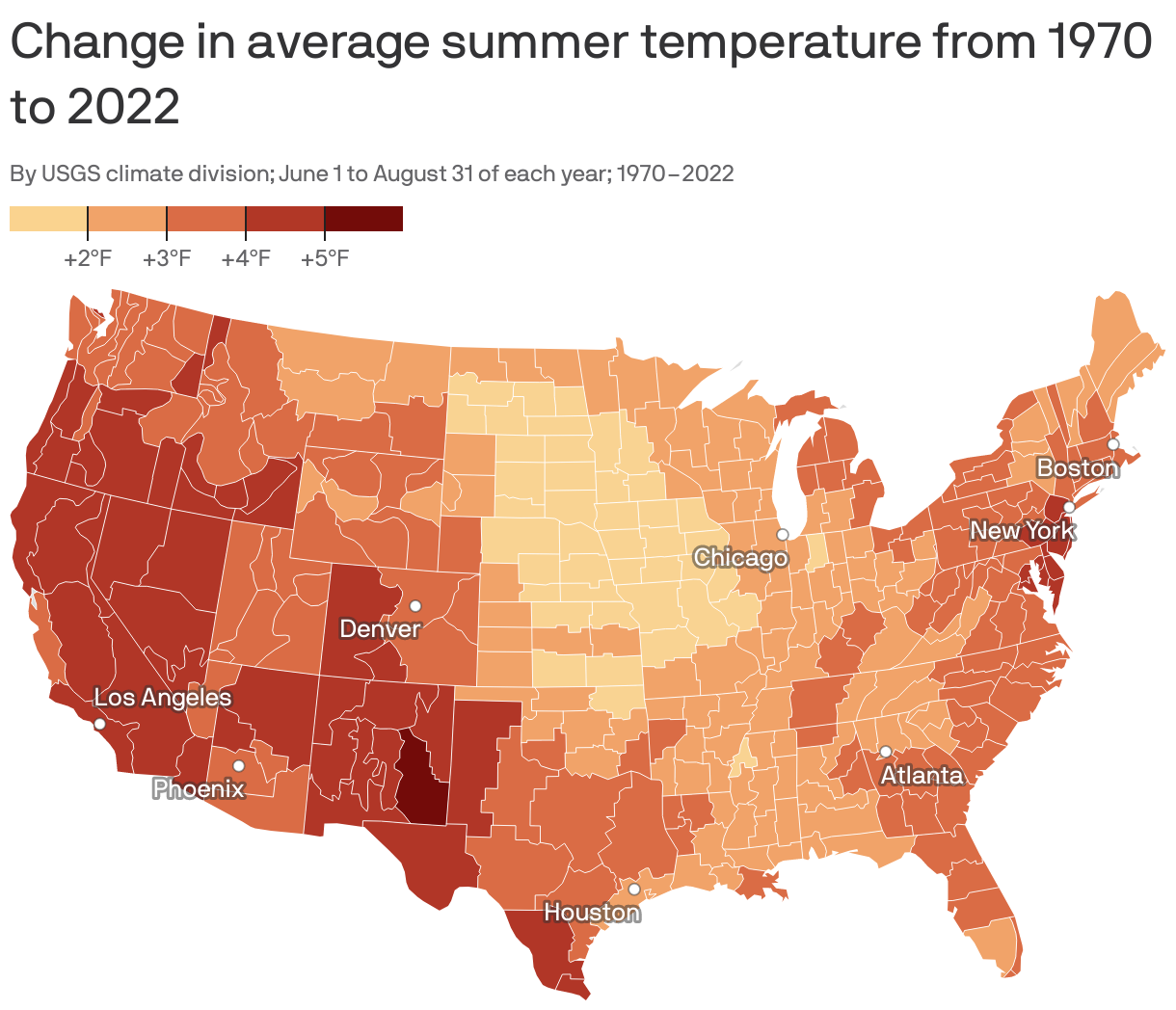 Change in average summer temperature from 1970 to 2022