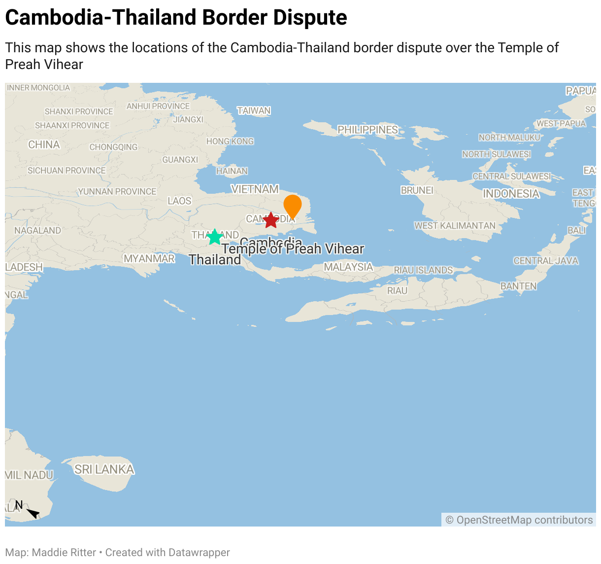Map showing Cambodia and Thailand and the border dispute that ensued between them.