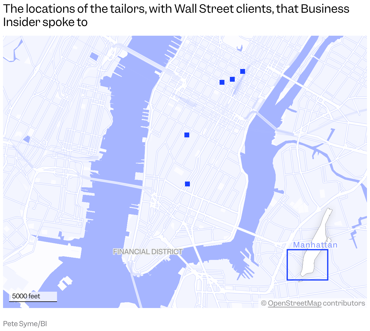 A map of southern Manhattan shows the locations of five tailors that Business Insider spoke to, with the Financial District also marked