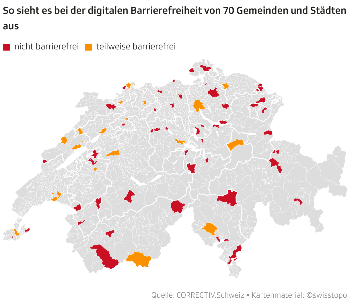 So sieht es bei der digitalen Barrierefreiheit von 70 Gemeinden und Städten aus (Choroplethen-Karte)