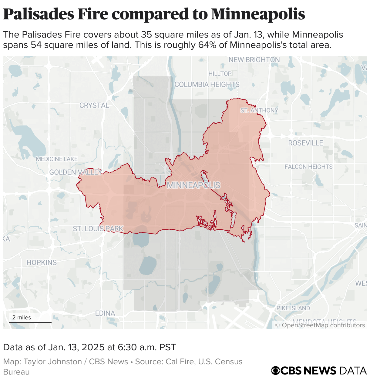 Perimeter of the Palisades Fire placed on the city of Minneapolis.