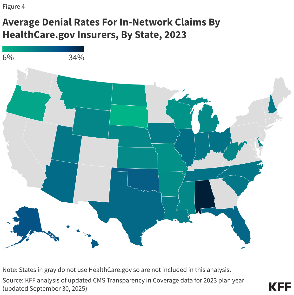 Average Denial Rates For In-Network Claims By HealthCare.gov Insurers, By State, 2023 (Choropleth map)