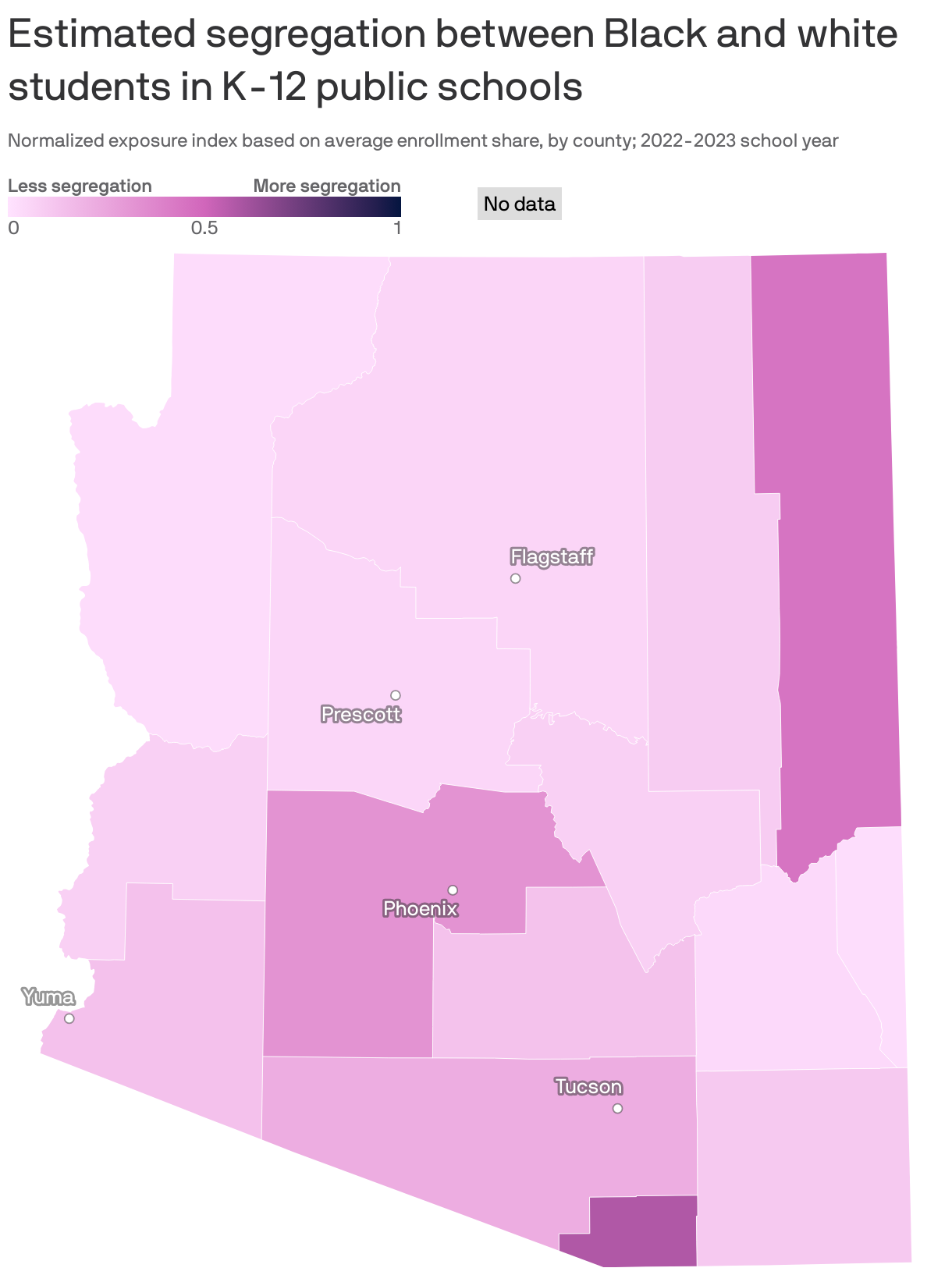 Choropleth map of U.S. counties showing the estimated level of segregation between Black and white students in K-12 public schools. Schools in counties in the southern U.S., southern California and Northeast tend to be more segregated than counties in the Pacific Northwest and Midwest.