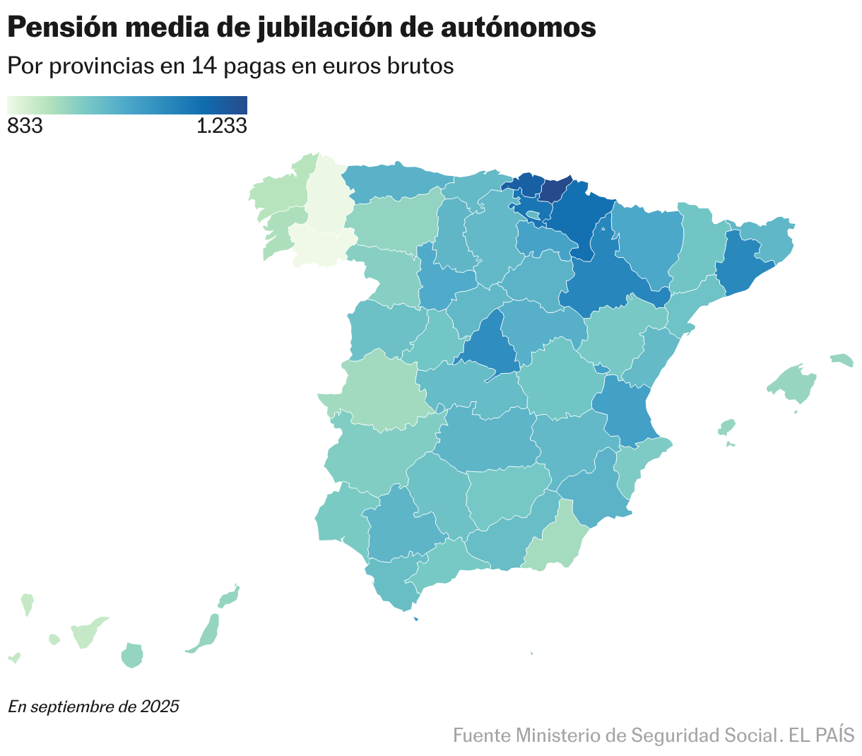 Pensión media de jubilación de autónomos (Mapa coroplético)