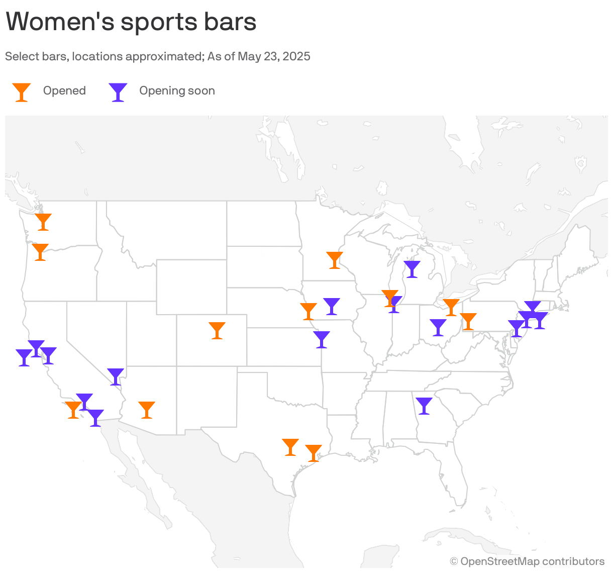 A map showing the locations of 28 select women's sports bars in the U.S. 11 bars have opened, and 17 are opening soon.