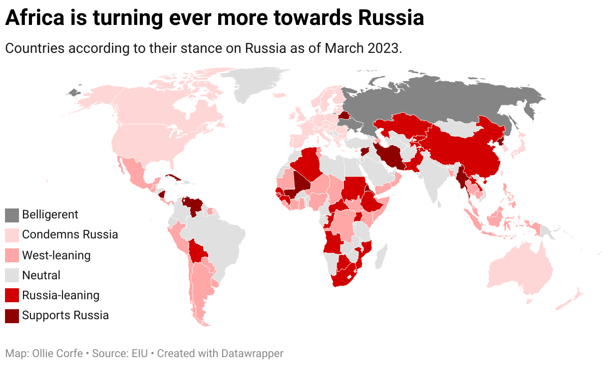 Map of countries according to their stance on Russia.