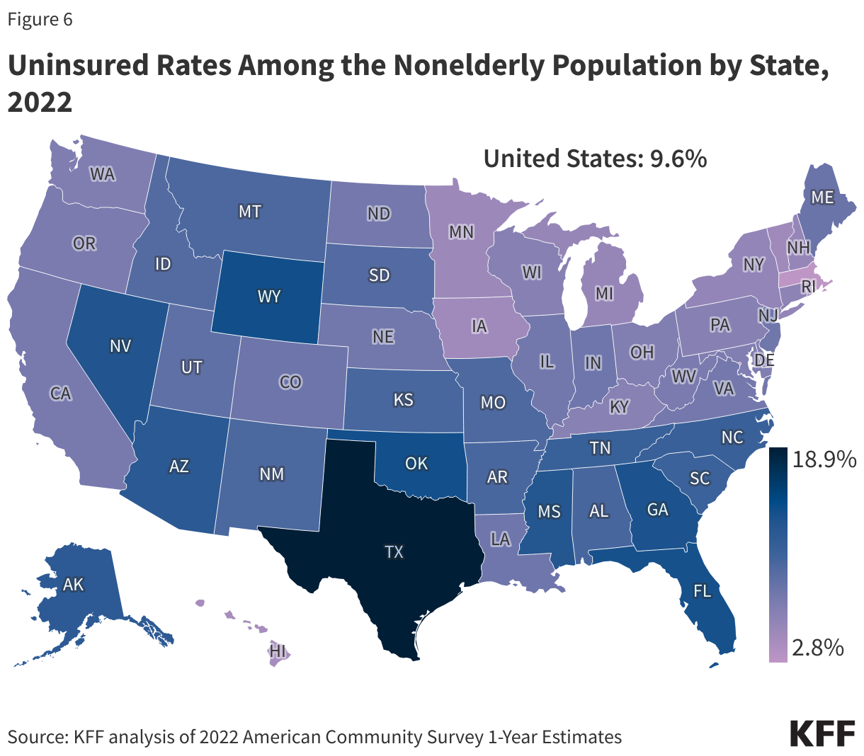 Uninsured Rates Among the Nonelderly by State, 2022 data chart