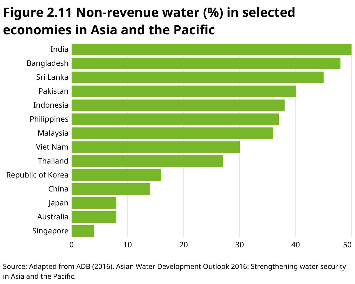 Figure 2.11 Non-revenue water (%) in selected economies in Asia and the Pacific (Bar Chart)