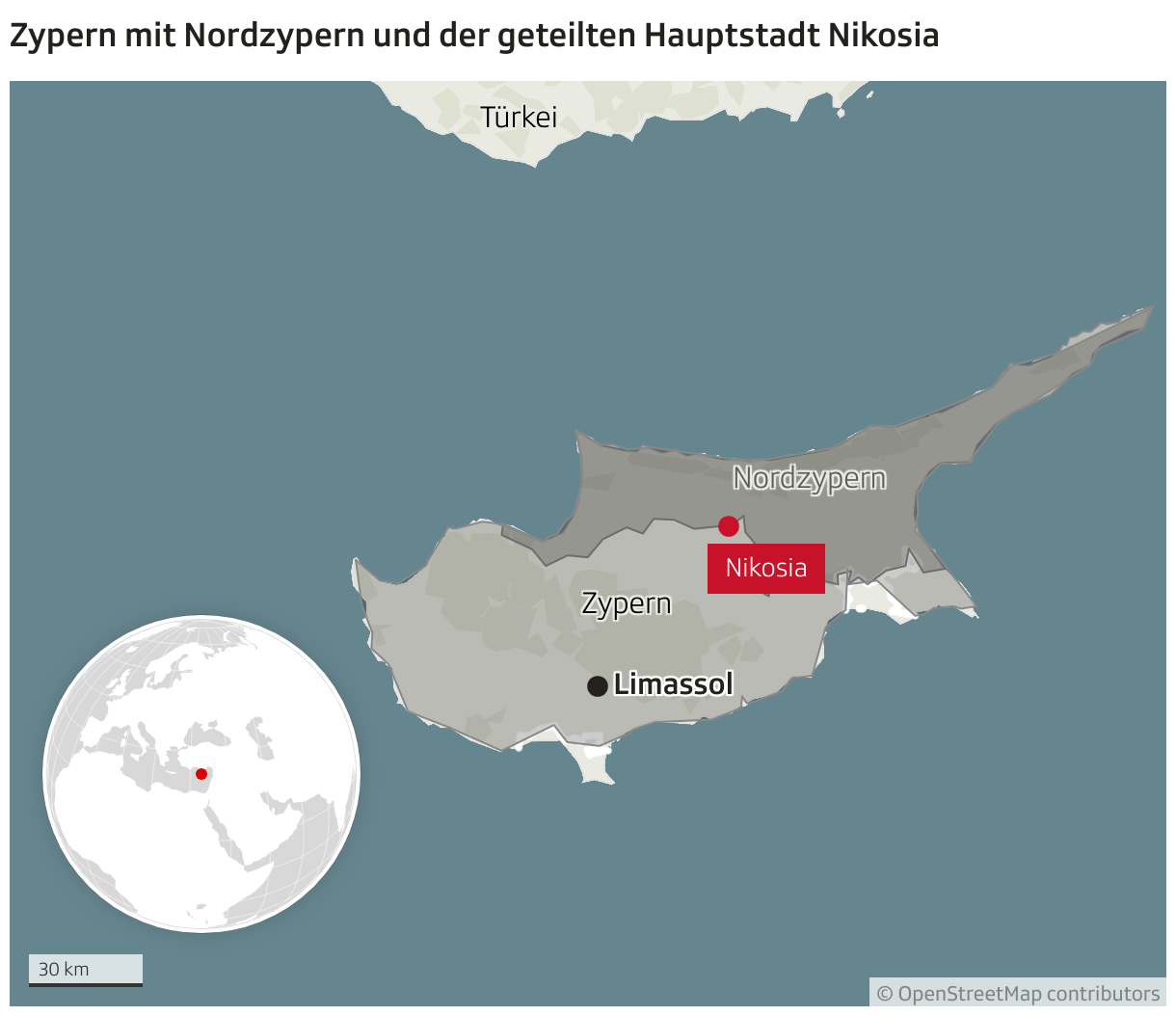 Zypern mit Nordzypern und der geteilten Hauptstadt Nikosia (Locator-Karte)