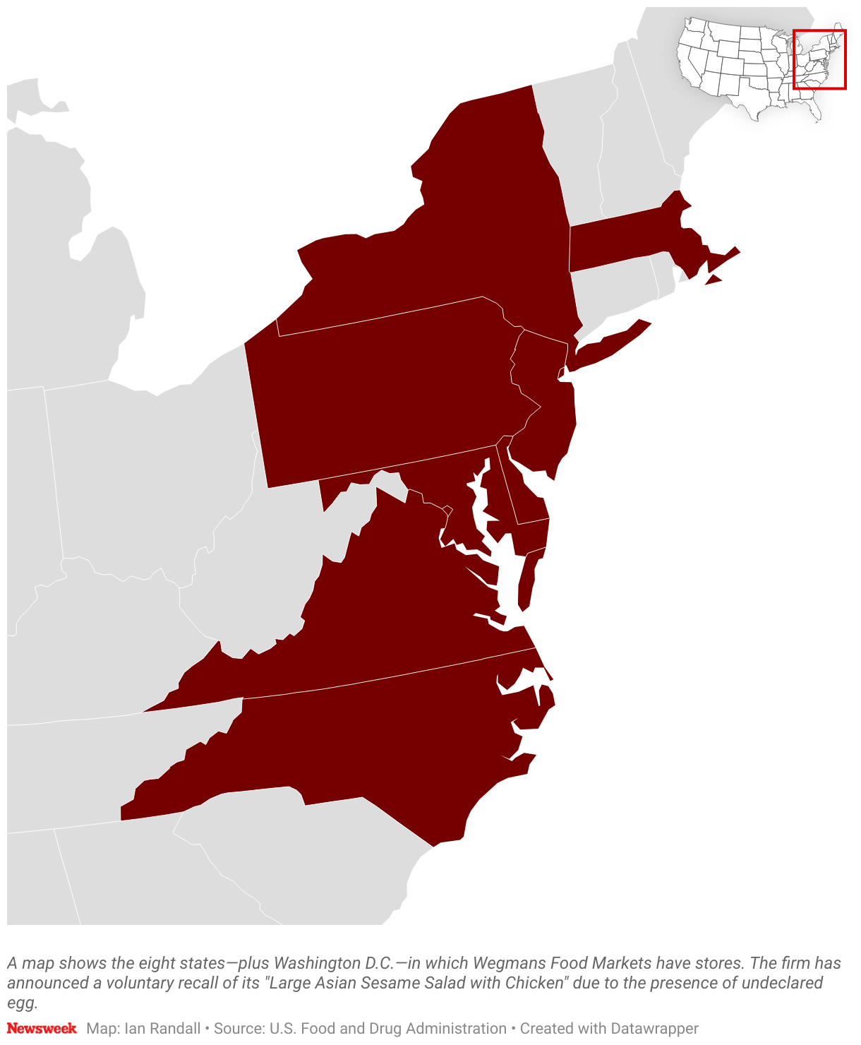 A map shows the eight states—plus Washington D.C.—in which Wegmans Food Markets have stores.