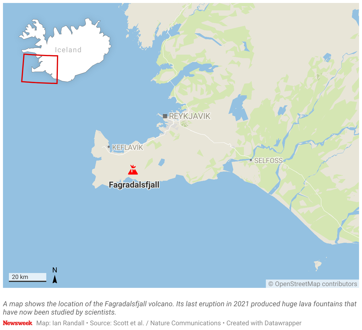 A map showing the location of the Fagradalsfjall volcano.