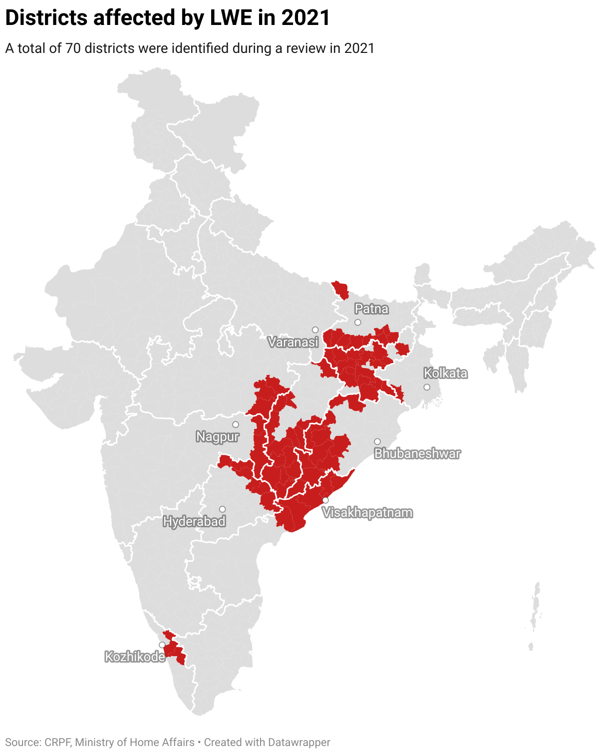 Districts affected by LWE in 2021 (Choropleth map)