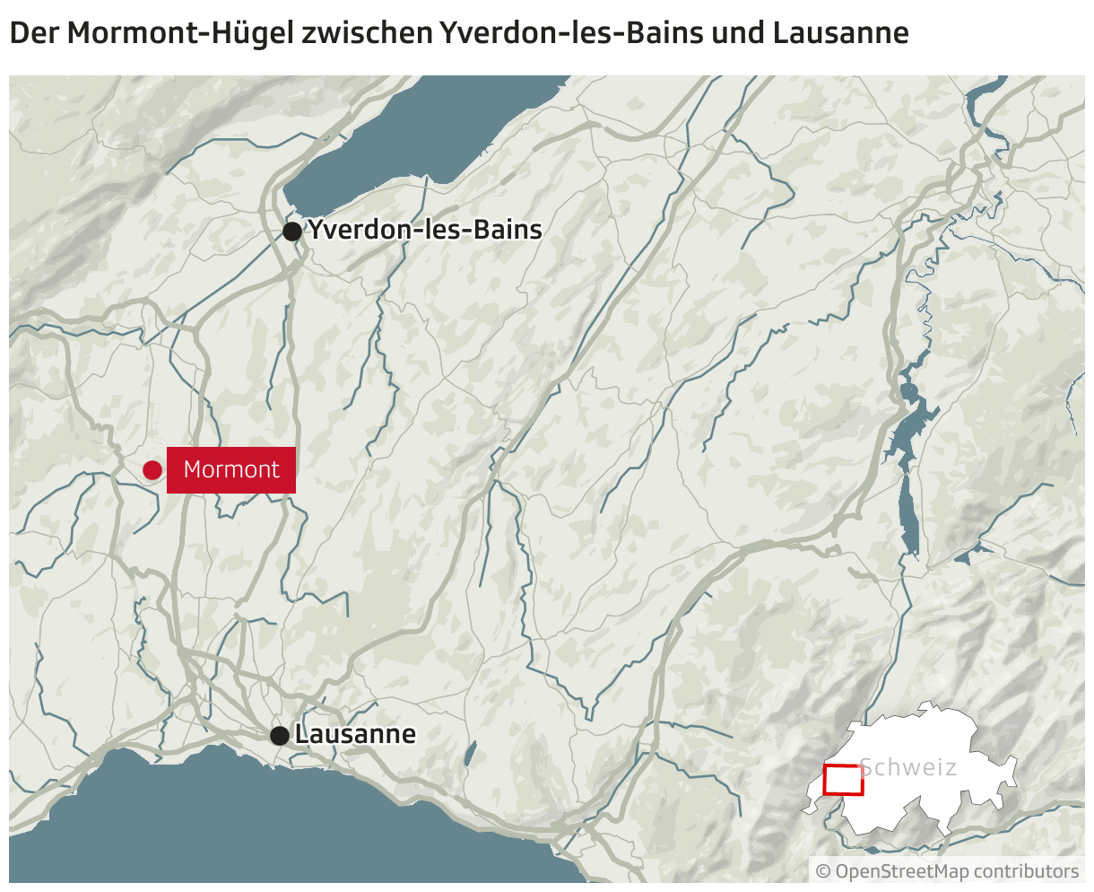 Der Mormont-Hügel zwischen Yverdon-les-Bains und Lausanne (Locator-Karte)