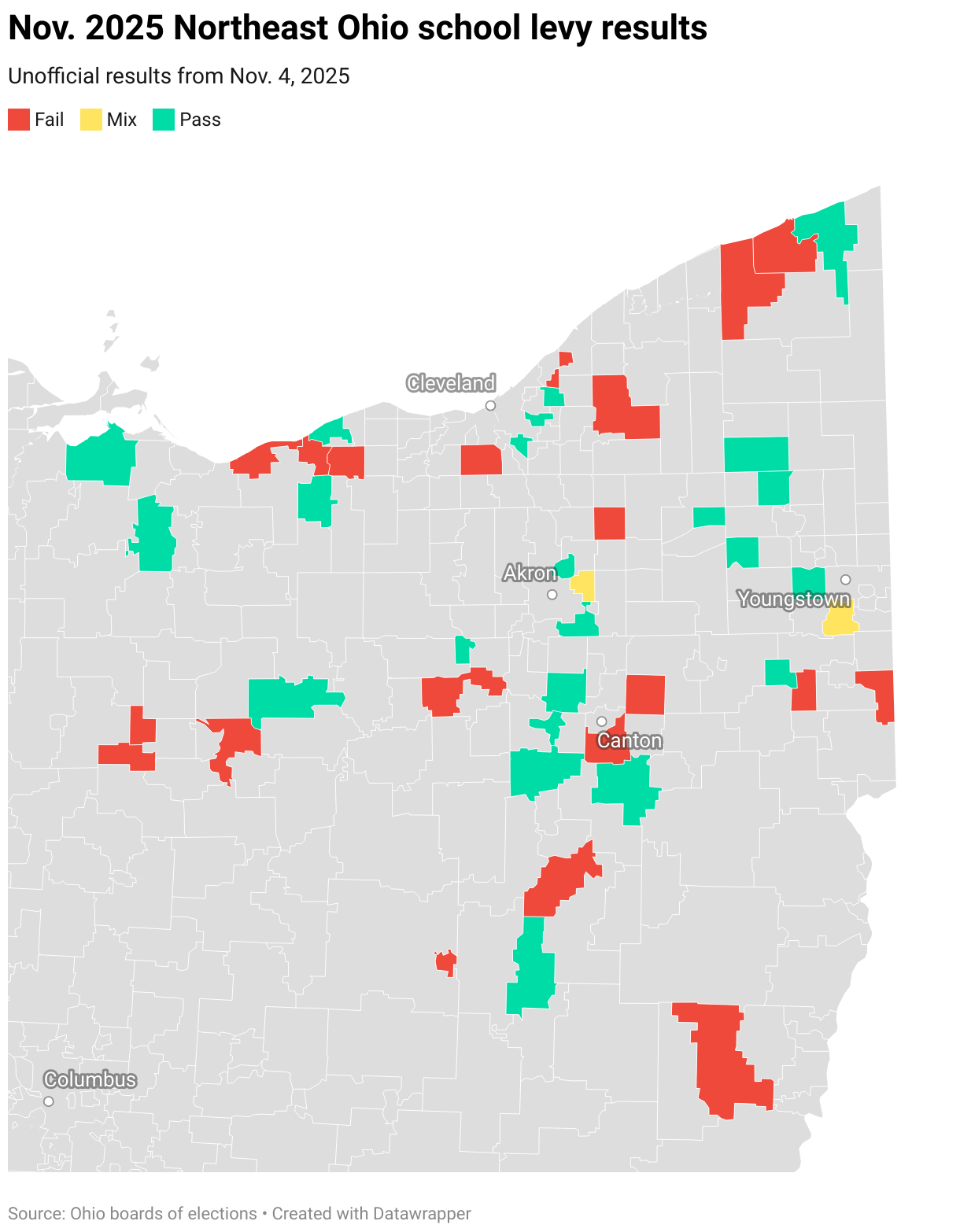 Nov. 2025 Northeast Ohio school levy results (Choropleth map)