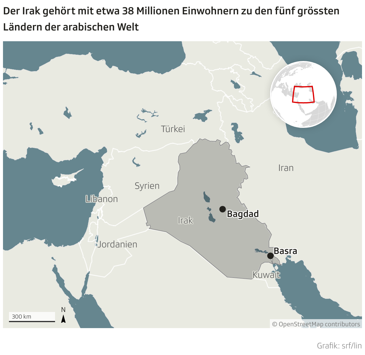 Der Irak gehört mit etwa 38 Millionen Einwohnern zu den fünf grössten Ländern der arabischen Welt (Locator-Karte)