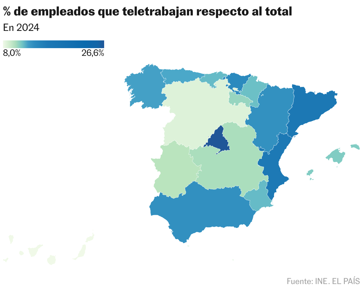 % of employees who telework compared to the total (choropleth map)