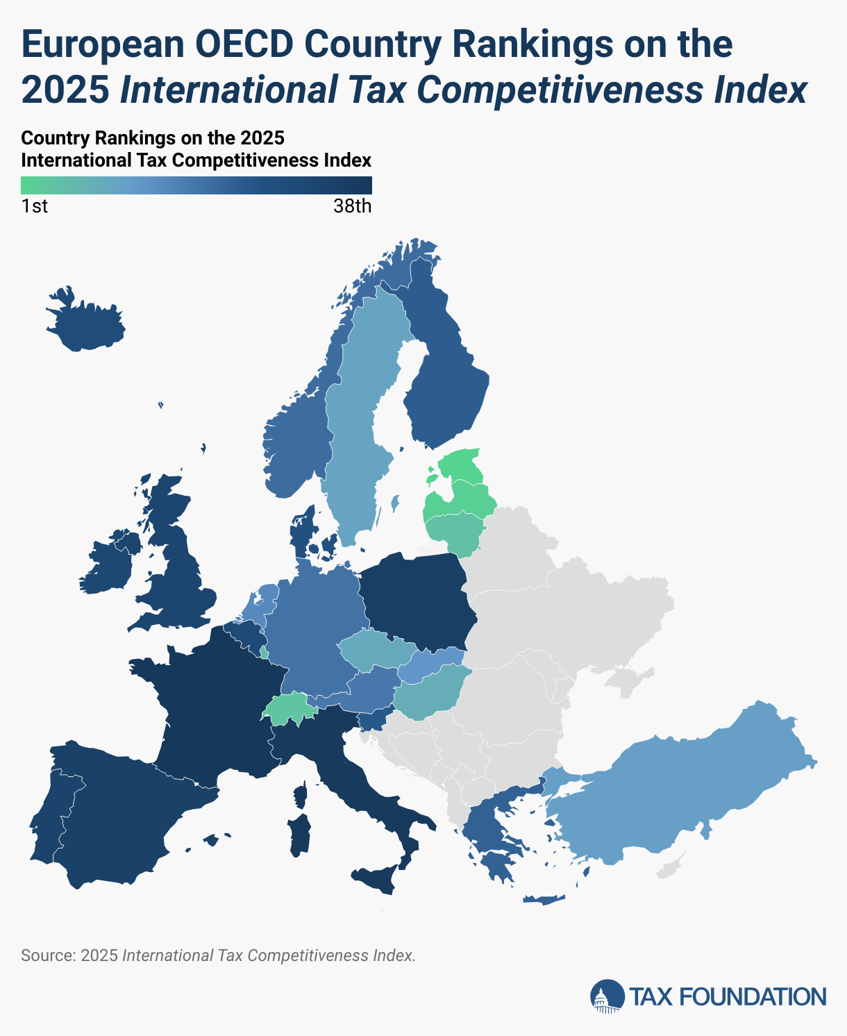 European OECD Country Rankings on the 2025 International Tax Competitiveness Index (Choropleth map)