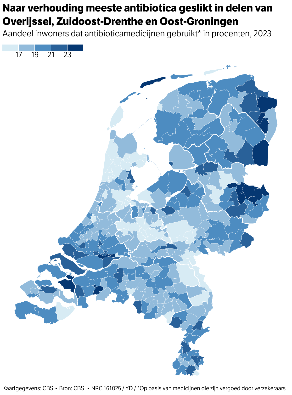 Carte des Pays-Bas montrant la prévalence de l'utilisation d'antibiotiques par région.