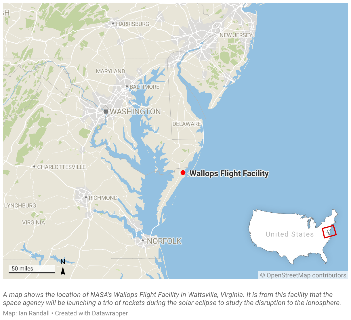 A map shows the location of NASA's Wallops Flight Facility in Wattsville, Virginia.