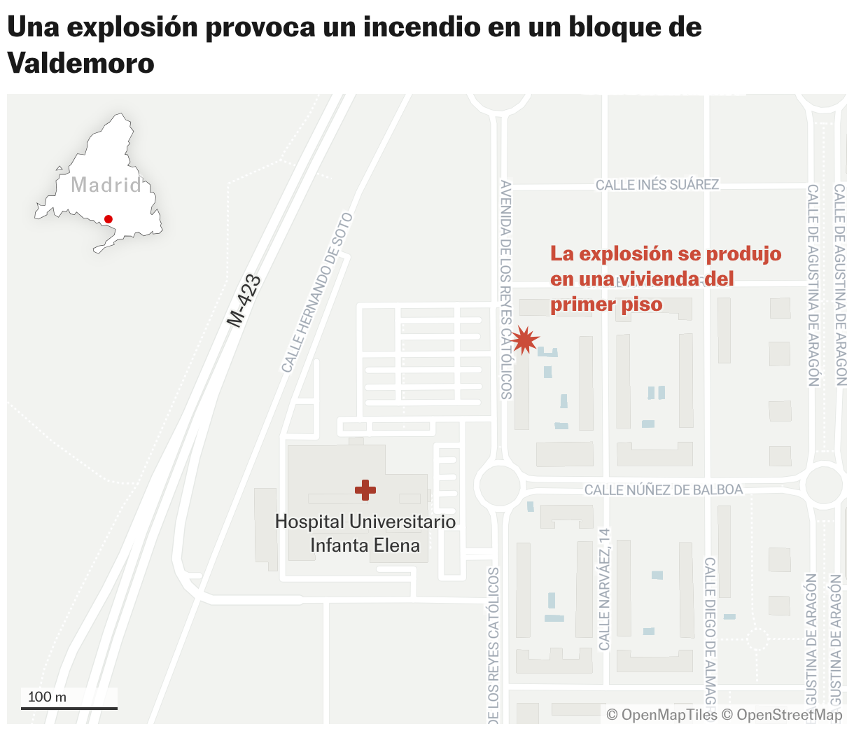 Una explosión provoca un incendio en un bloque de Valdemoro (Mapas de ubicación)