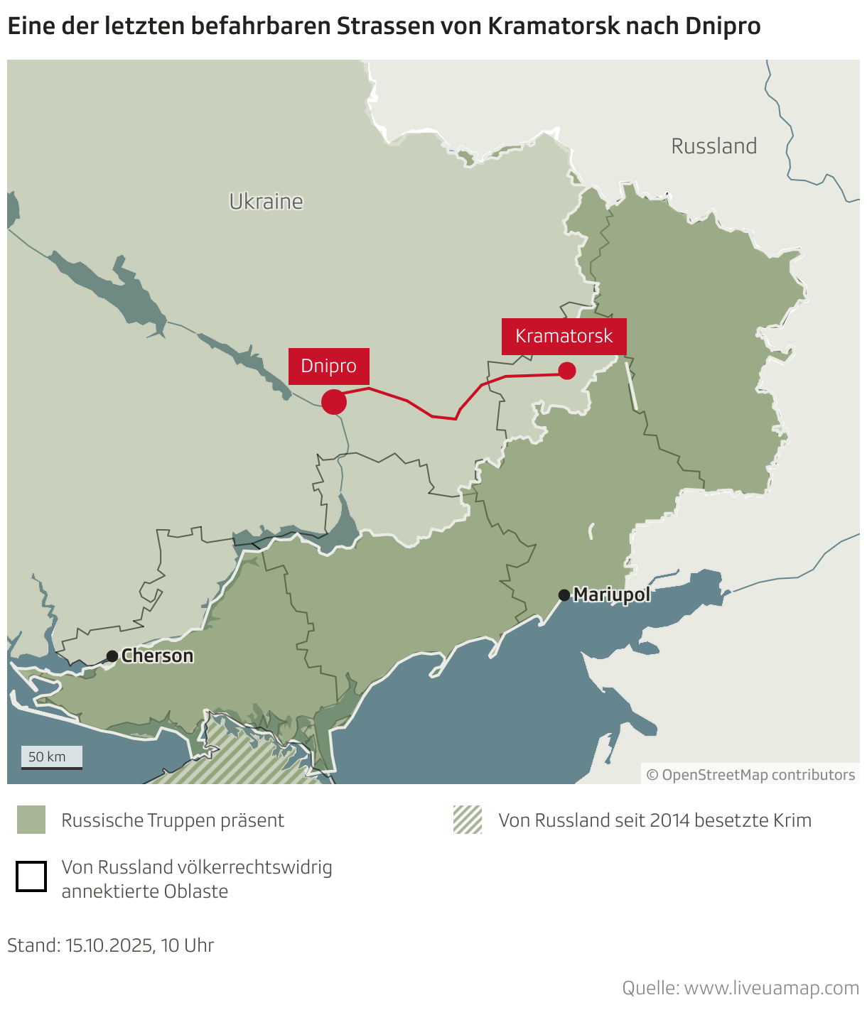 Eine der letzten befahrbaren Strassen von Kramatorsk nach Dnipro (Locator-Karte)