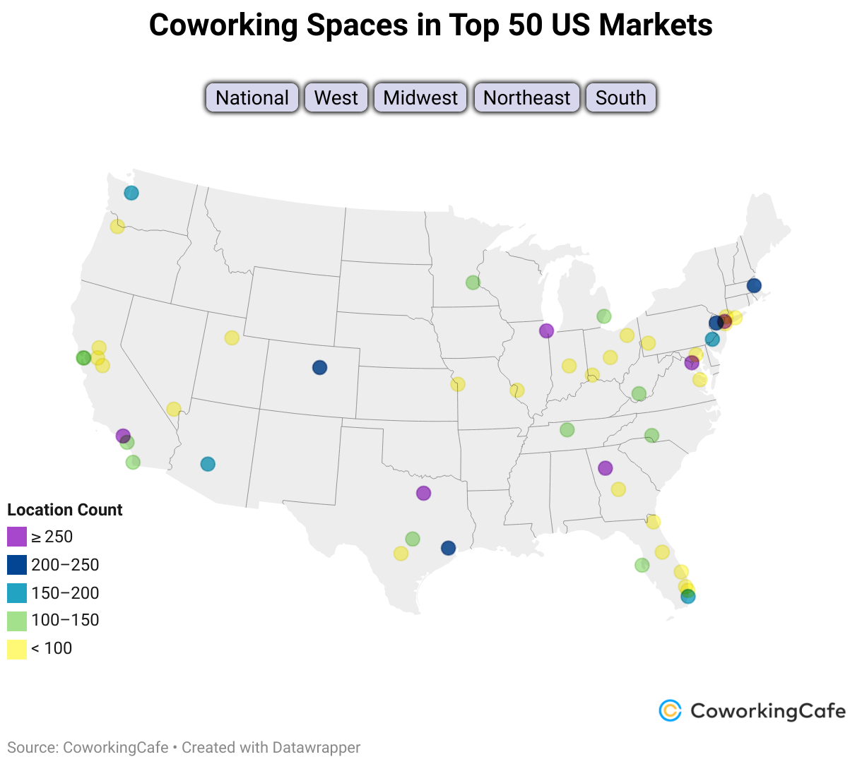 Coworking Spaces in Top 50 US Markets (Symbol map)