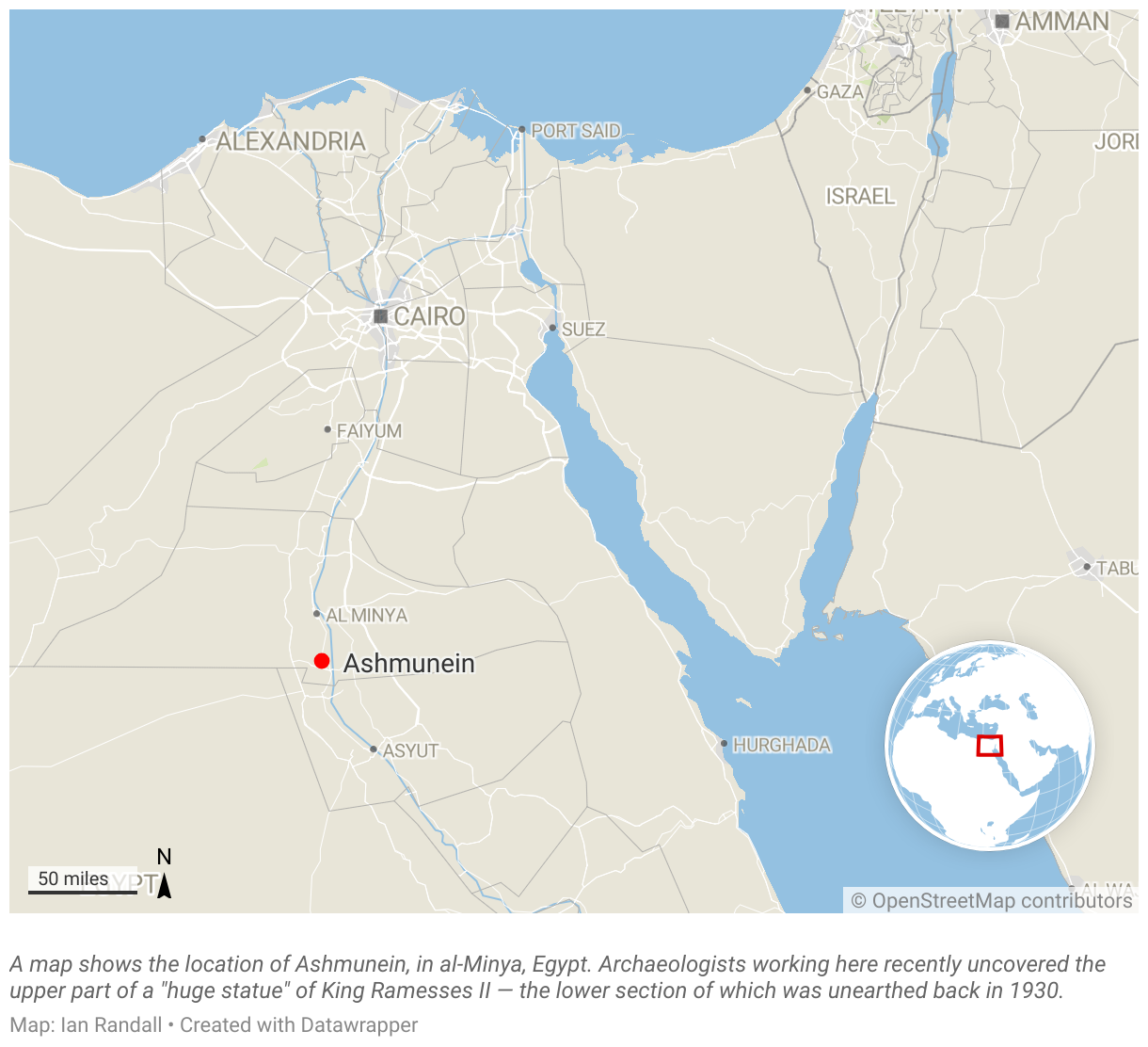 A maps shows the location of Ashmunein, in al-Minya, Egypt.