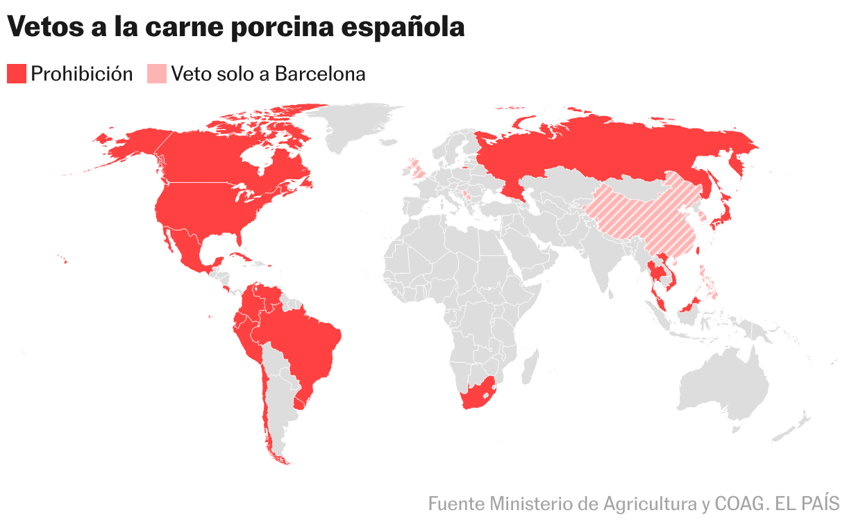 Vetos a la carne porcina española (Mapa coroplético)