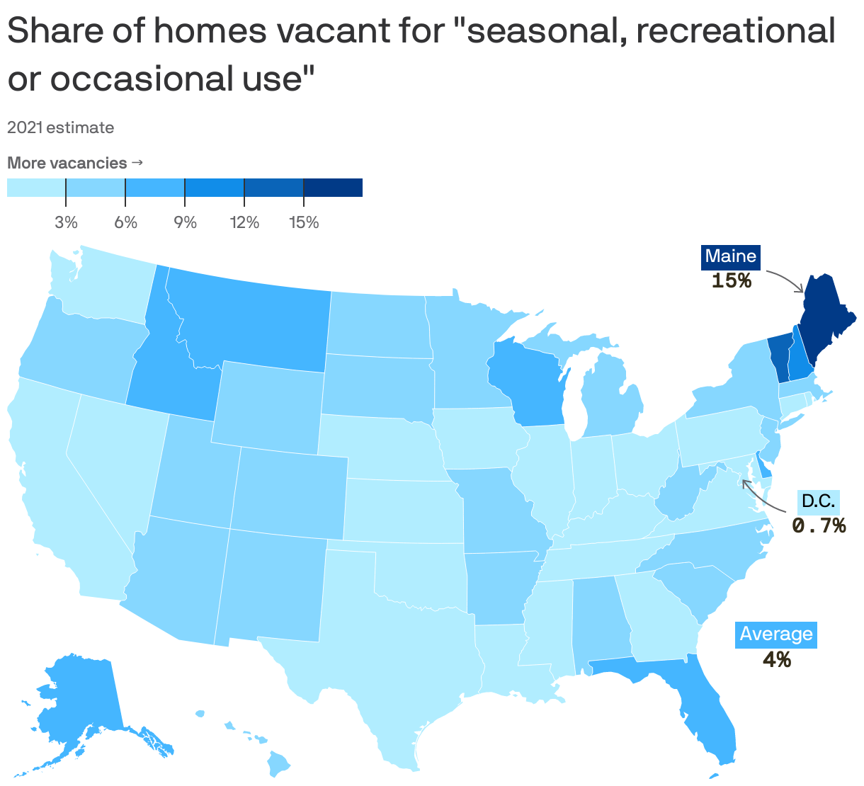 Share of homes vacant for "seasonal, recreational or occasional use"