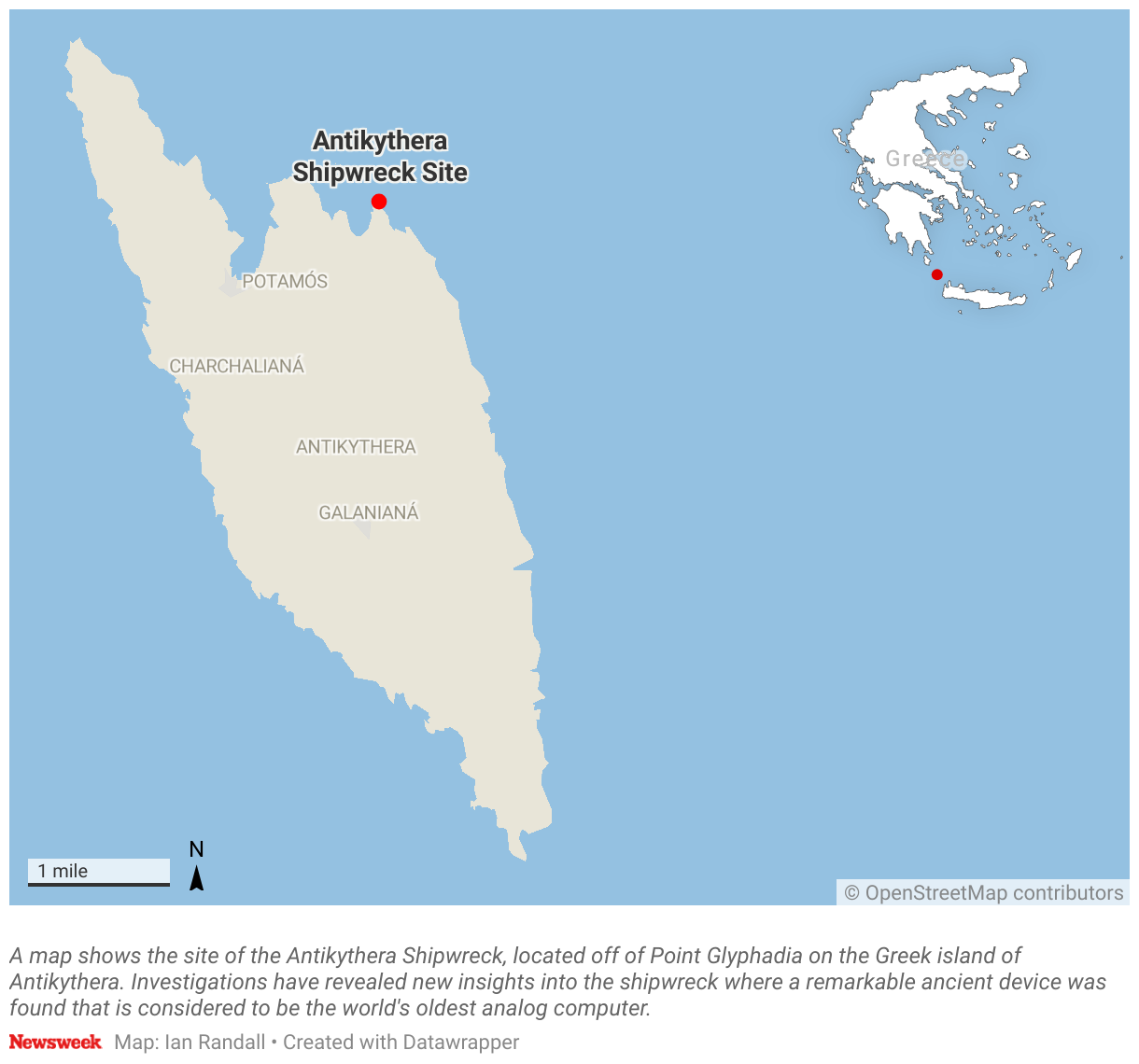 A transpose shows the place of the Antikythera Shipwreck, settled soured of  Point Glyphadia on the Hellenistical island of Antikythera.