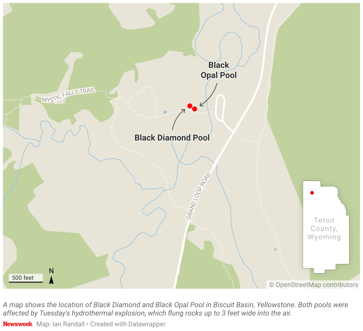 A map shows the location of Black Diamond and Black Opal Pool in Biscuit Basin, Yellowstone.