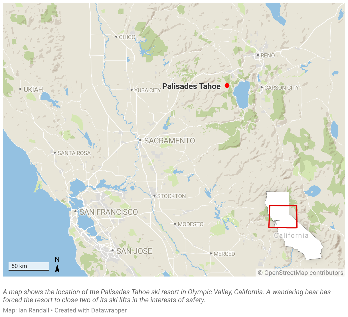 A map shows the location of the Palisades Tahoe ski resort in Olympic Valley, California.
