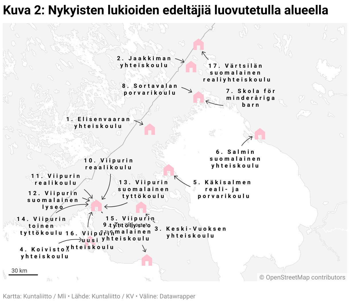 Kuva 2: Nykyisten lukioiden edeltäjiä luovutetulla alueella (Locator map)