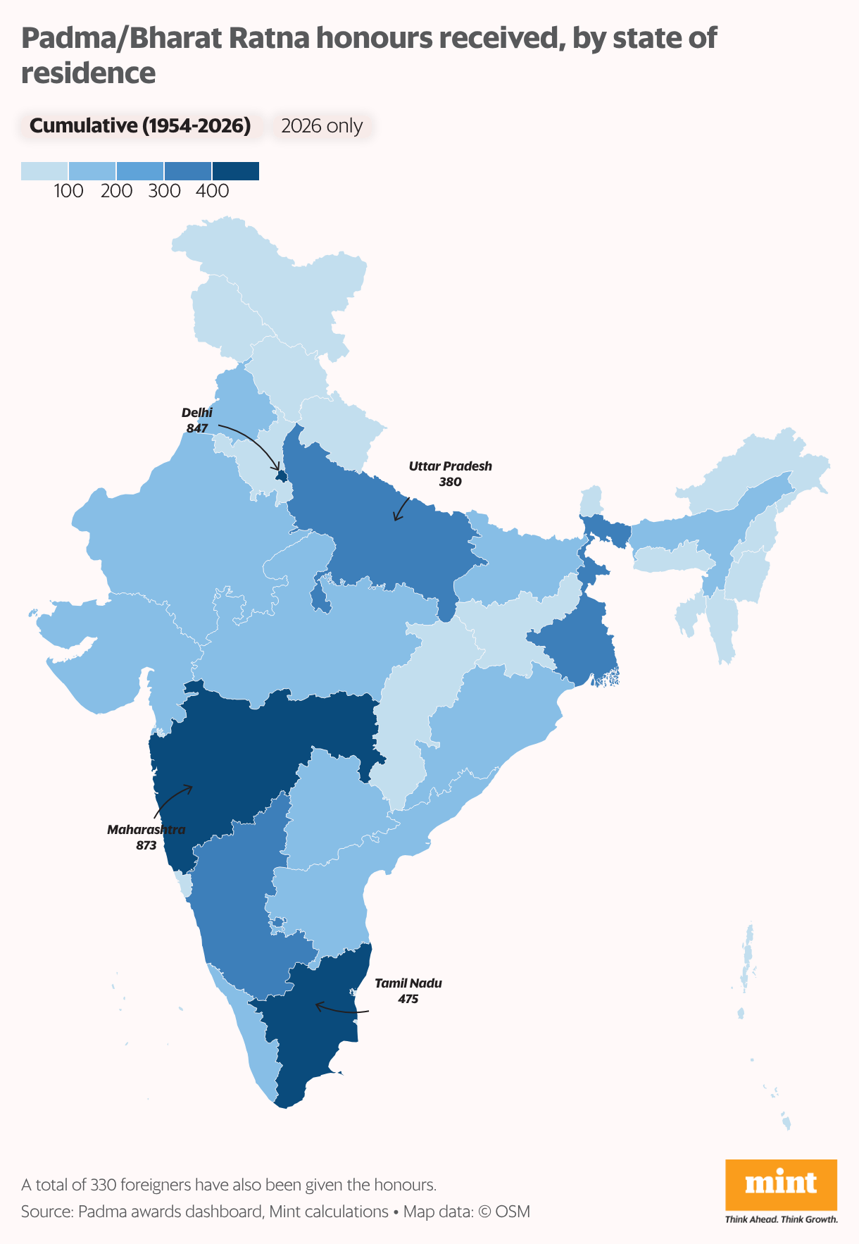 Historically, Maharashtra and Delhi together account for one-third of all winners (Choropleth map)