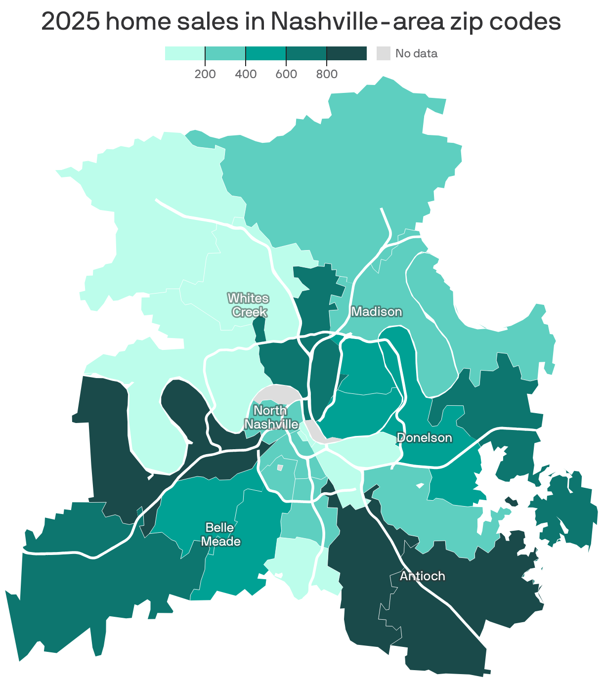 A map showing 2025 home sales in Nashville-area zip codes. Sales ranged from a low of 27 in the downtown core zip code of 37201 to a high of 1,121 in the Antioch-area zip code 37013.