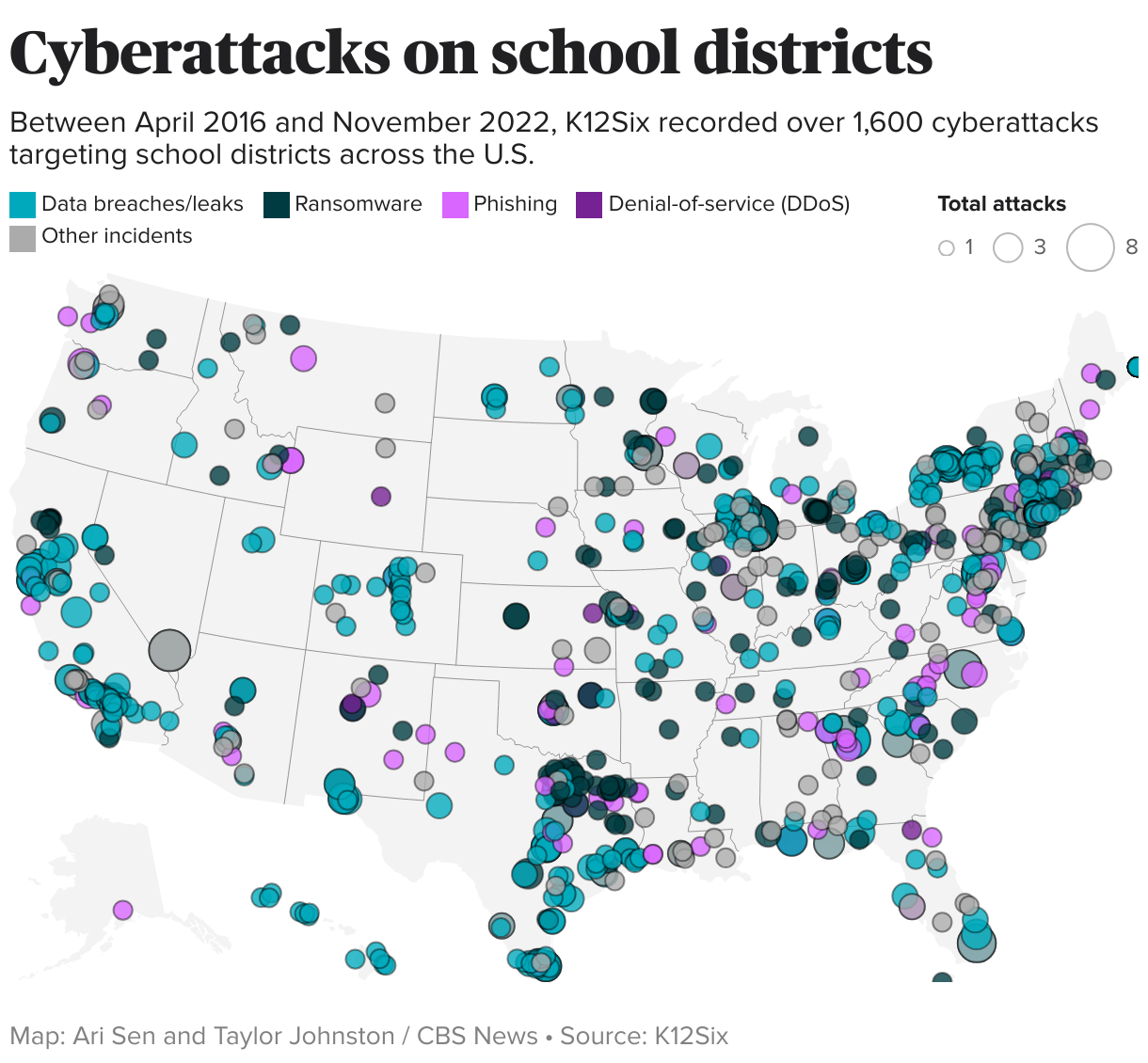 Symbol map showing types of cyberattacks on school districts in the U.S.