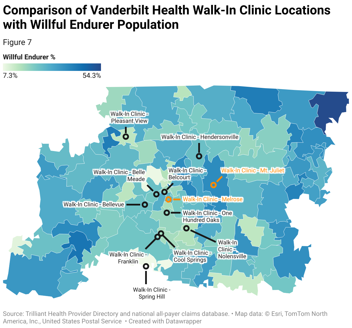 Map of Vanderbilt Health Walk-In Locations shows that only two walk-in clinics are located in ZIP Codes with a higher-than-average Willful Endurer population.