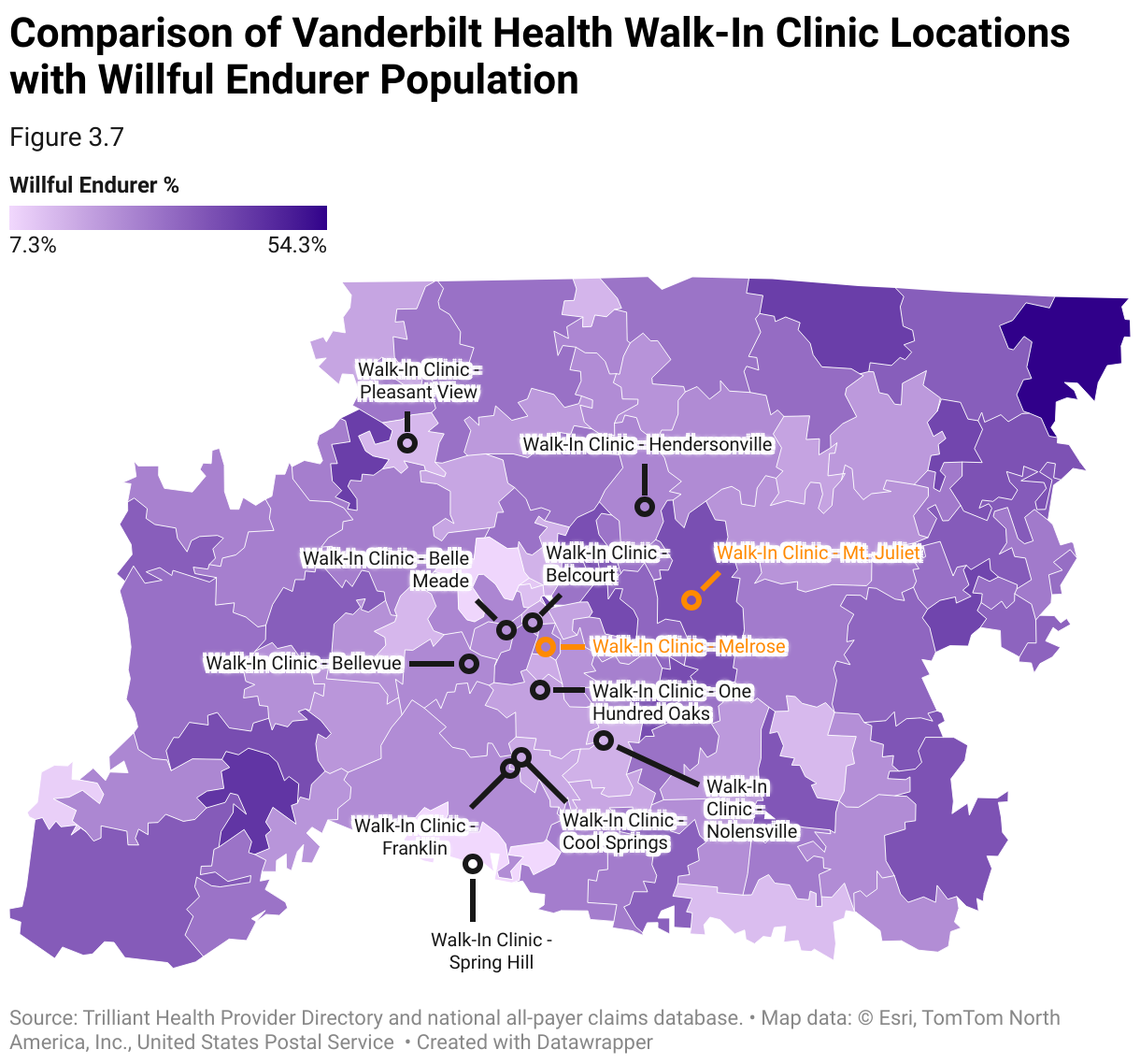 Map of Vanderbilt Health Walk-In Locations shows that only two walk-in clinics are located in ZIP Codes with a higher-than-average Willful Endurer population.