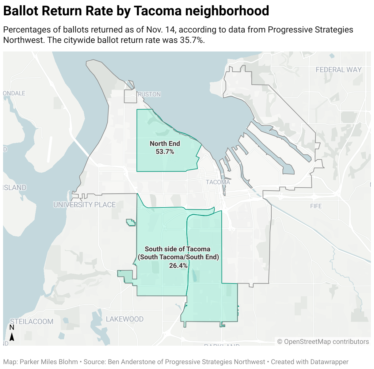 A map showing highlighted neighborhoods of Tacoma. 