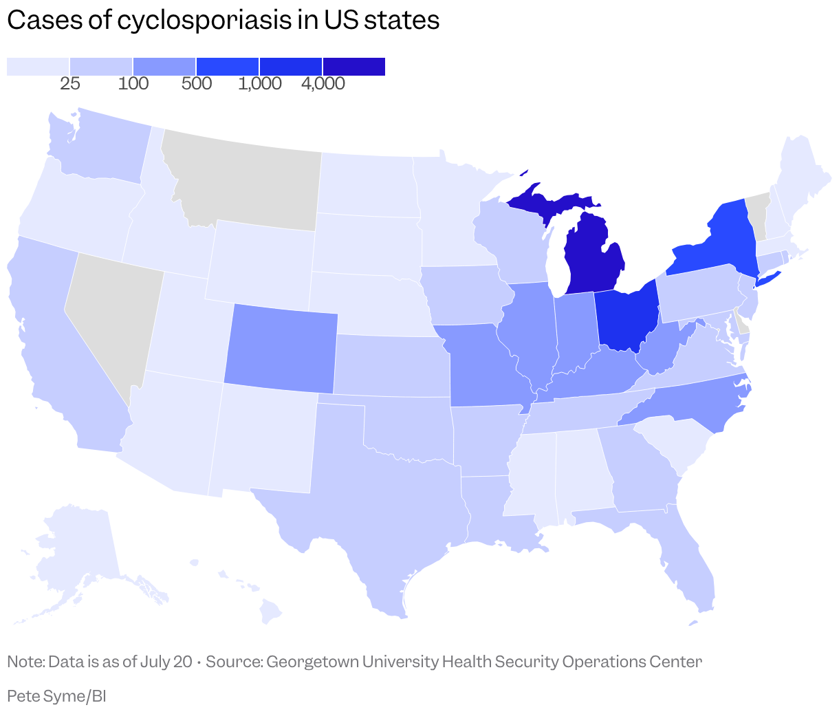 A map of the US shows the number of cyclosporiasis cases in each state, with a color scale depending on the number, with Michigan having the most.