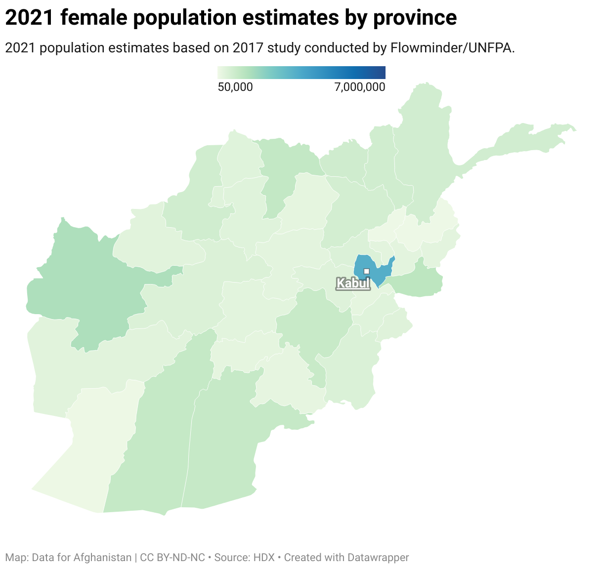 Afghanistan female population estimates by province. 2021 population estimates based on 2017 study conducted by Flowminder/UNFPA.