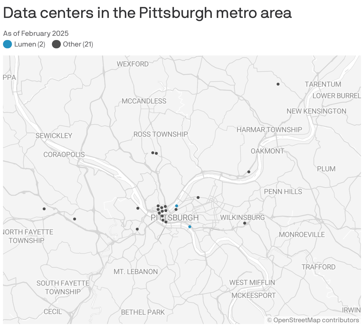 A map showing data centers in the Phoenix metro area. A total of 23 data centers are shown. 2 are owned by Lumen. 21 are owned by other companies.