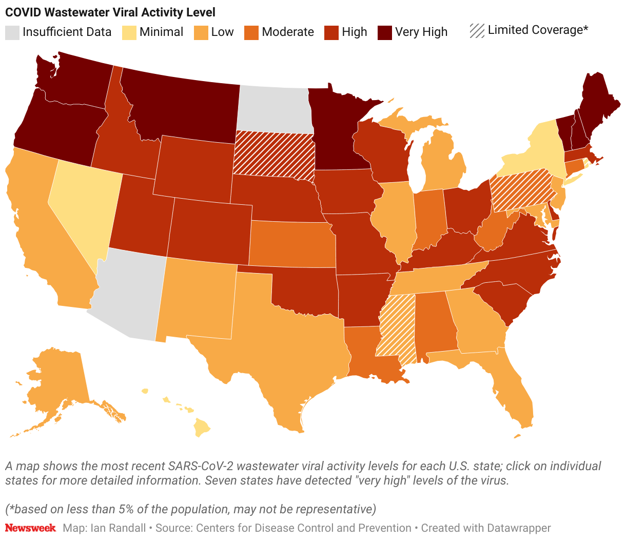 A map shows the most recent SARS-CoV-2 wastewater viral activity levels for each U.S. state.